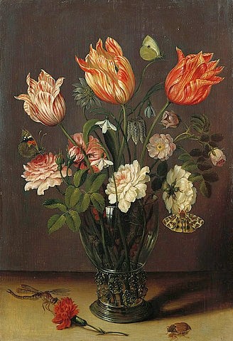 Jan BRUEGHEL DER Jüngere, Tulpen und andere Blumen in einem Glas. (Christie's Images Ltd,Brueghel d.J.,Jan,1601-1678,Öl auf Holz,17. Jahrhundert,Stillleben,Barock,Christie's Images,Jan Brueghel der Jüngere,Libelle,Maikäfer,Käfer,Schmetterling,Tulpe,Tulpen,Rose,Rosen)