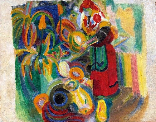 Robert Delaunay, Studie für die große Portugiesin. 1915 (Christie's Images Ltd,Delaunay,Robert,1885-1941,20. Jahrhundert,Öl und Wachs auf Papier,aufgelegt auf Holz,Robert Delaunay,Frau,Portugal,Markt,Marktfrau,bunt,farbig,Marktstand)