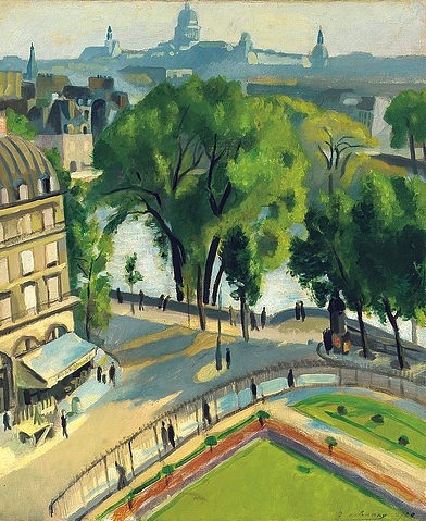 Robert Delaunay, Ansicht des Quai du Louvre. 1928 (Christie's Images Ltd,Delaunay,Robert,1885-1941,Öl auf Leinwand,20. Jahrhundert,Robert Delaunay,Paris,Seine,Frankreich,Stadtansicht,erhöhter Standpunkt,von oben,Straße,Stadt,urban,Metropole)