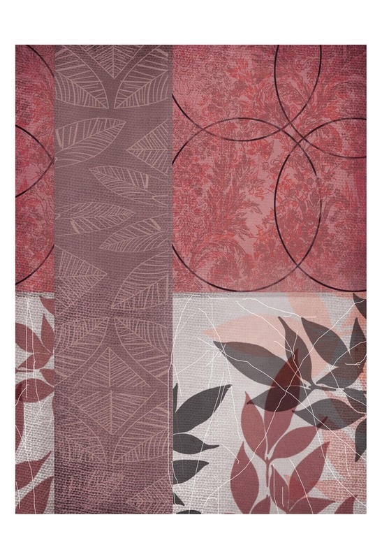 Cynthia Alvarez, RED LEAF II (Abstrakte Kunst, abstrakte Malerei, Linien, Schnörkel, florale Muster, Tapetenmuster, Wohnzimmer, Treppenhaus, Schlafzimmer, Wunschgröße, rosa)