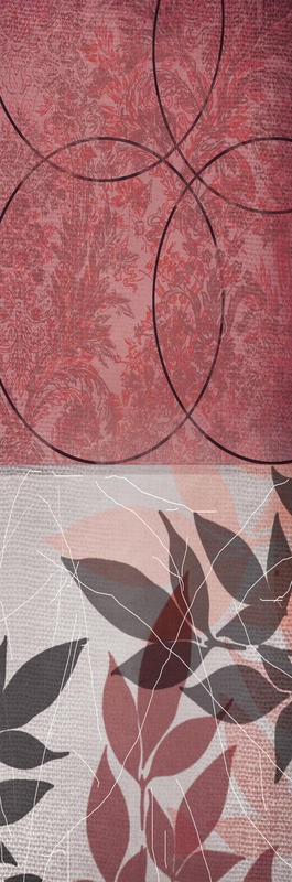 Cynthia Alvarez, RED LEAF PANEL II (Abstrakte Kunst, abstrakte Malerei, Linien, Schnörkel, florale Muster, Tapetenmuster, Wohnzimmer, Treppenhaus, Schlafzimmer, Wunschgröße, rosa)