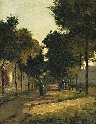 Camille Pissarro, Die Straße. Um 1870 (Öl auf Leinwand,Christie's Images Ltd,19. Jahrhundert,Impressionismus,Pissarro,Camille,1830-1903,Camille Pissarro Allee,Landstraße,Bäume,Schatten,schattig,ruhig,Ruhe,baumbestanden,von Bäumen gesäumt, französischer impressionismus)