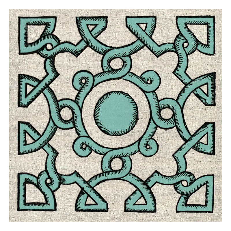 Tina Carlson, WOOD CUT B (Kachel, Muster, Ornamente,  orientalisch, Holzschnitt, Grafik, Wunschgröße, Wohnzimmer, Treppenhaus, Küche, grün)