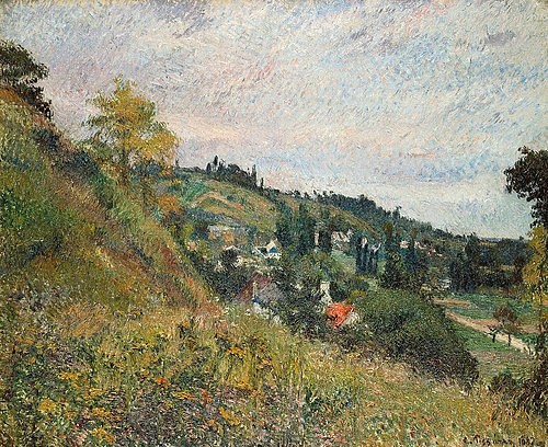 Camille Pissarro, Hügelige Landschaft bei Auvers. 1882 (Christie's Images Ltd,Pissarro,Camille,1830-1903,Öl auf Leinwand,19. Jahrhundert,Impressionismus,Camille Pissarro,Landschaft,Hügel,Hang,Wiese,Frankreich, französischer impressionismus)
