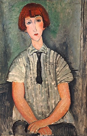 Amadeo Modigliani, Junges Mädchen in gestreiftem Hemd. 1917 (Christie's Images Ltd,Modigliani,Amadeo,1884-1920,Öl auf Leinwand,20. Jahrhundert,Portrait,Amedeo Modigliani,Jeune Fille A La Chemise Raye,Bubikopf,Frisur,Pony,rothaarig,rotbraun,traurig,melancholisch,reduziert,Reduktion)