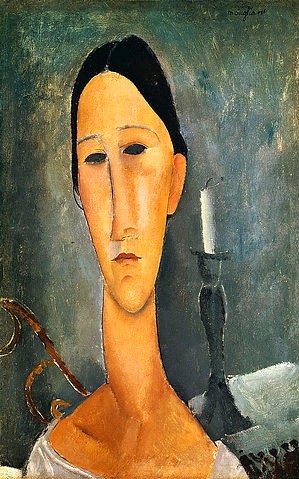 Amadeo Modigliani, Hanka Zborowska, im Hintergrund ein Kerzenständer. 1919 (Christie's Images Ltd,Modigliani,Amadeo,1884-1920,Öl auf Leinwand,20. Jahrhundert,Portrait,Amedeo Modigliani,Hanka Zborowska Au Bougeoir,Moderne,Frau,schmal,schmales Gesicht,Kerze,Augen,Augenhöhlen,Kerzenständer,Kerzenhalter)