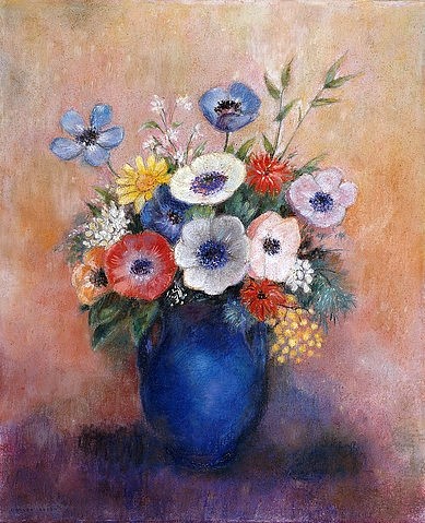 Odilon Redon, Blumen in einer blauen Vase. (Postimpressionismus, Stillleben, Blumenvase, Blüten, Blumen, Sommerblumen, Wiesenblumen, Mohn, floral, klassische Moderne, Malerei, Wohnzimmer, Esszimmer, Treppenhaus, Wunschgröße, bunt)
