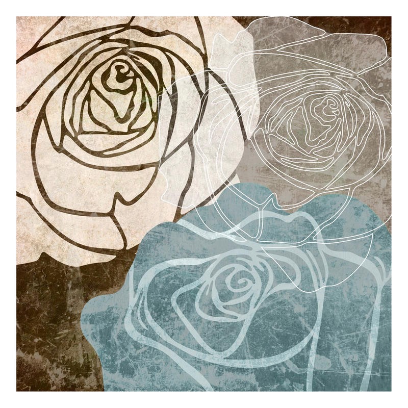 Kristin Emery, BEIGE ROSE WITH BLUE II (Blüten, Blumen, Rosen, stilisiert, Grafik, zeitgenössisch, Wohnzimmer, Treppenhaus, Wunschgröße, blau/beige)