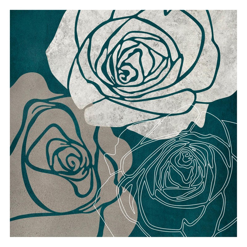 Kristin Emery, BEIGE ROSE WITH BLUE III (Blüten, Blumen, Rosen, stilisiert, Grafik, zeitgenössisch, Wohnzimmer, Treppenhaus, Wunschgröße, blau/beige)