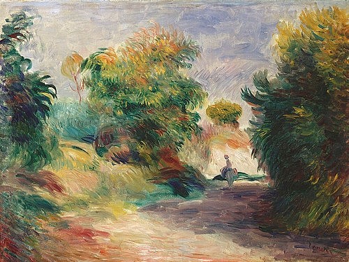 Pierre-Auguste Renoir, Landschaft bei Cagnes. (Landschaft, Landschaftsmalerei,  Weg, Feldweg, Sträucher, Provence, Frankreich,  Impressionismus, klassische Moderne, Wunschgröße, Wohnzimmer, Malerei)