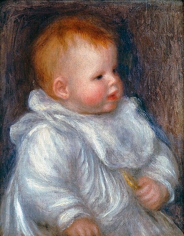 Pierre-Auguste Renoir, Portrait von Coco vor blauem Hintergrund. (Portrait, Baby, Kleinkind, Lätzchen, Löffel, Impressionismus, klassische Moderne, Wunschgröße, Wohnzimmer, Malerei)