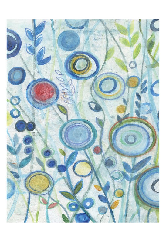 Smith Haynes, IN THE WILD BLUE I (Abstrakt, Malerei, Blumen, Blüten, verspielt,  geometrische Formen, Kreise, Linien, modern, Wohnzimmer, Treppenhaus,  Wunschgröße, bunt)