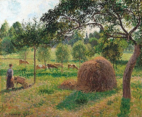 Camille Pissarro, Ein bedeckter tag in Eragny. 1896 (Impressionismus,19. Jahrhundert,Öl auf Leinwand,Christie's Images Ltd,Pissarro,Camille,1830-1903,Camille Pissarro Schubkarre Bäuerin Kühe weiden Landwirtschaft Heu Heuhaufen ländlich Tiere, französischer impressionismus)
