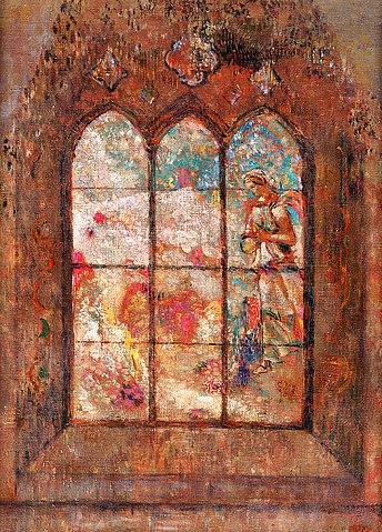 Odilon Redon, Fenster mit farbigem Glas. (Symbolismus, Kirchenfenster, Buntglas, Architektur,   Treppenhaus, Wohnzimmer, Wunschgröße, klassische Moderne, Malerei, bunt)