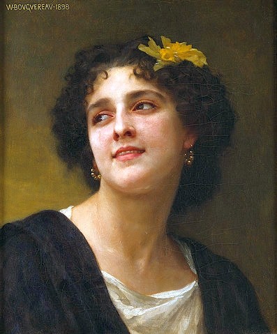William Adolphe Bouguereau, Eine dunkle Schönheit. (Christie's Images Ltd,Bouguereau,William Adolphe,1825-1905,Öl auf Leinwand,19. Jahrhundert,Portrait,William Adolphe Bouguereau Schönheit hübsch Brünette,brünett,Blume im Haar,Haarschmuck,lächeln,Frau dunkelhaarig,braunhaarig,Ohrringe,gold,goldene,Kopf)