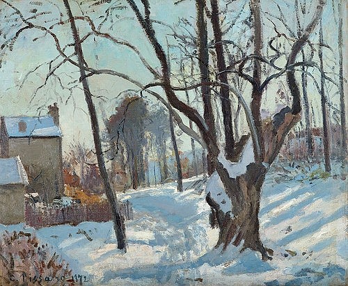 Camille Pissarro, Schneelandschaft in Louveciennes (Louveciennes, Chemin de Creux, Louveciennes, neige). 1872 (Essen,Museum Folkwang,Pissarro,Camille,1830-1903,Öl auf Leinwand,19. Jahrhundert,Impressionismus,Camille Pissarro,Schnee,Winter,verschneit,Louveciennes,Baum,kahl,Weg,unbelaubt,Park,Wintersonne,Winterlicht,Schatten, französischer impressionismus)