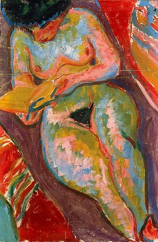 Ernst Ludwig Kirchner, Weiblicher Akt (Lesend). 1909 (Kirchner,Ernst Ludwig,1880-1938,Christie's Images Ltd,Öl auf Leinwand,20. Jahrhundert,Expressionismus,Ernst Ludwig Kirchner  Frau Lesen Lesende Brust Brüste Akt weiblicher Buch erhöhter Betrachterstandpunkt bunt)