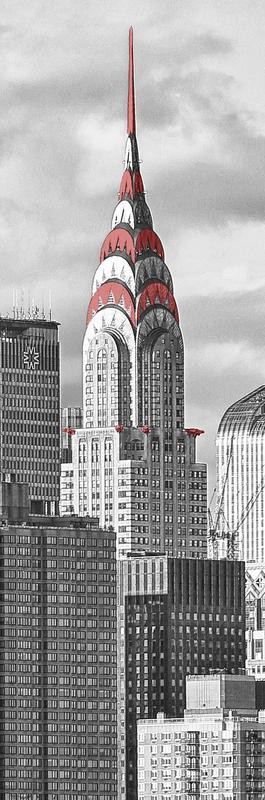 Sandro De Carvalho, CHRYSLER SKYLINE V (Wolkenkratzer, Hochhaus, Skyline, Chrysler Haus,  Architektur, New York, Städte, Metropole, Fotokunst, Colorspot, Wunschgröße, Wohnzimmer, Büro, Treppenhaus, schwarz/weiß, rot)