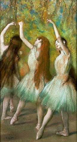 Edgar Degas, Tänzerinnen in Grün. 1878 (Degas,Edgar,1834-1917,Christie's Images Ltd,Pastell auf Papier,19. Jahrhundert,Impressionismus,? Christies Images 2004,Danseuses Vertes, Edgar Degas,Tanz,Tänzerin,Tänzerinnen,Ballett,Ballerina,Ballerinas,lange Haare,langhaarig,tanzen,Bühne, französischer)