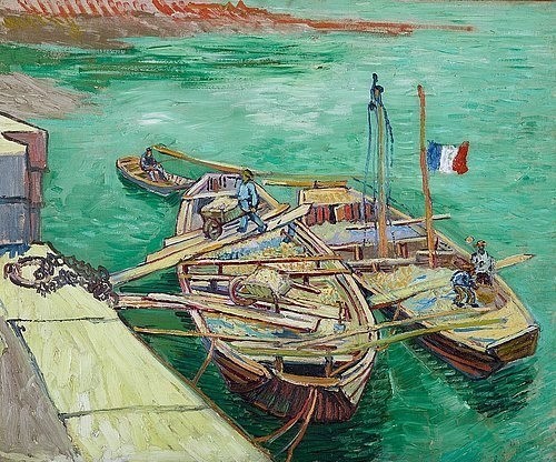 Vincent van Gogh, Rhonebarken. (Les bateaux amarrés.) 1888 (Gogh,Vincent van,1853-1890,Essen,Museum Folkwang,Öl auf Leinwand,19. Jahrhundert,Vicent van Gogh,Quai,Ölstudie,boot,boote,barken,Trikolore,Fahne,Flagge,Mast,grünes Wasser,von oben gesehen,Arbeiter,Schubkarre,Schubkarren,Fracht,Stege,Ruder,Mast,vor Anker,v)