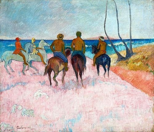Paul Gauguin, Reiter am Strand (I) (Cavaliers sur la plage). 1902 (Post-Impressionismus,19. Jahrhundert,Öl auf Leinwand,Essen,Museum Folkwang,1848-1903,Gauguin,Paul,Paul Gauguin,Pferde,Strand,Strandszene,Hiva-Oa,Tahiti,Reiter,Meer,Küste,Rückenfigur,Rückenfiguren,rosa)