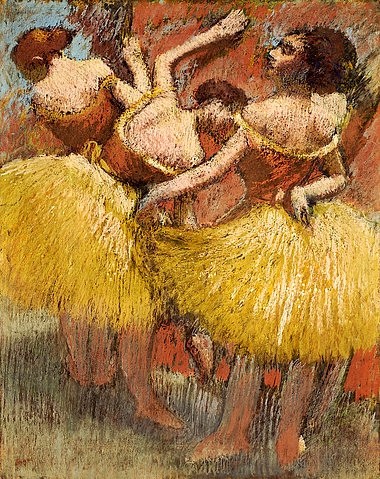 Edgar Degas, Drei Tänzerinnen. Um 1900 (Degas,Edgar,1834-1917,Christie's Images Ltd,Pastell auf Papier,19. Jahrhundert,? Christies Images 2004,Trois Danseuses, Edgar Degas,Rückansicht,Ballett,Balletttänzerinnen, Tänzerin,Tänzerinnen,Pastell,gelb,Frauen,drei, französischer impressionismus,franzö)
