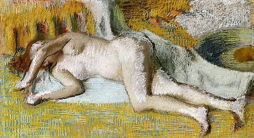 Edgar Degas, Nach dem Bad. 1885 (Degas,Edgar,1834-1917,Christie's Images Ltd,Pastell auf Papier,19. Jahrhundert,? Christies Images 2003,Apres Le Bain, Edgar Degas,Frau,Liegende,liegen,Akt,weiblicher Akt,intim,auf dem Boden, französischer impressionismus,französisch,impressionistisch)
