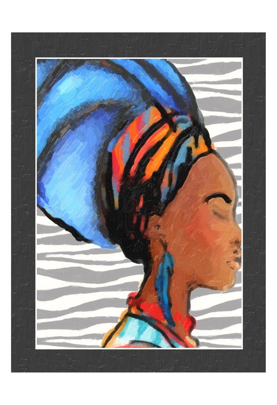 Taylor Greene, EBONY BEAUTY II (Menschen, Gesicht, Portrait, Profil, Afrikanerin, Turban, Federn, zeitgenössisch, Wunschgröße, Wohnzimmer, bunt)