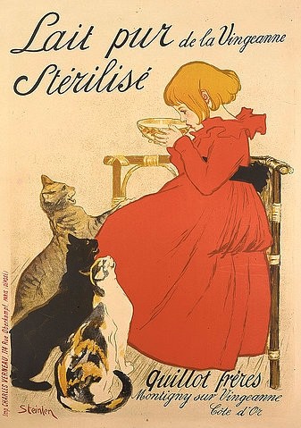 Théophile-Alexandre Steinlen, Werbeplakat für sterilisierte Milch. 1894 (Art Nouveau, Jugendstil, Plakat, Werbung, Milch, sterilisierte Misch, Katzen, Hunger, Kind, Küche, Esszimmer, Wohnzimmer, Malerei, Wunschgröße, bunt)