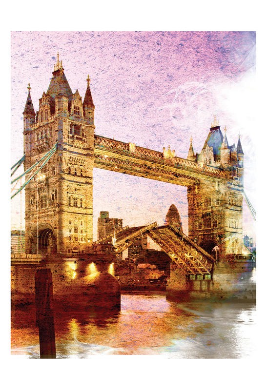 Jody Taylor, GOLDEN TOWER BRIDGE (Tower Bridge, Brücke, Wahrzeichen, London, Themse, Architektur, Städte, moderne Malerei, Fotokunst, zeitgenössisch, Wohnzimmer, Treppenhaus, Wunschgröße, bunt)