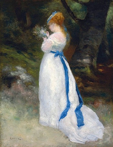 Pierre-Auguste Renoir, Portrait von Lise (Lise mit einem Feldblumenstrauß). 1867 (Frau, weißes Kleid, Rückenansicht, Spaziergang, blaue Schleifen, Eleganz, Impressionismus, klassische Moderne, Wunschgröße, Wohnzimmer, Malerei)