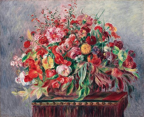 Pierre-Auguste Renoir, Korb mit Blumen. 1890 (Stillleben, Blumen, Blüten, Bouquet, üppig, Tulpen, Rosen,  Blumenstrauß, Blumengesteck, floral, Korb, Impressionismus, klassische Moderne, Wunschgröße, Wohnzimmer, Esszimmer, Malerei)