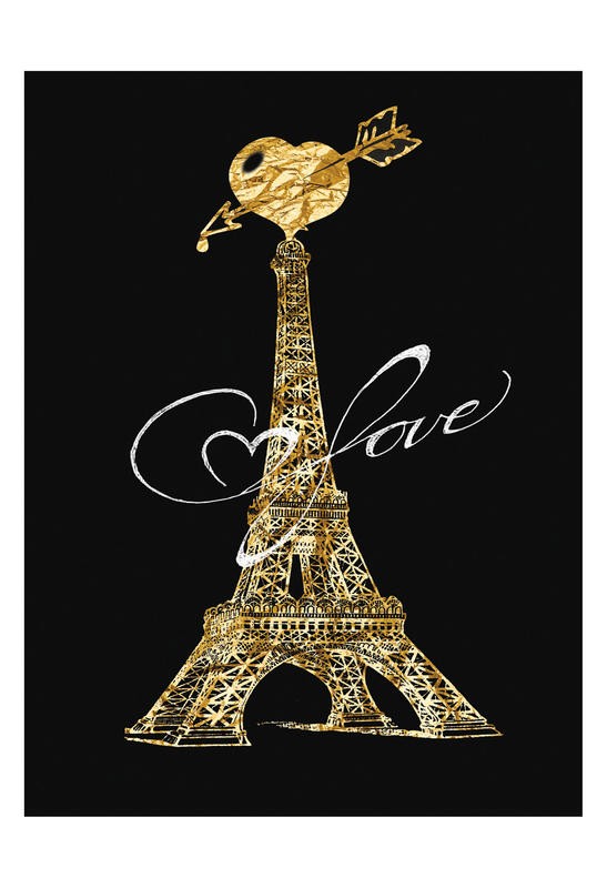 Sheldon Lewis, GOLDEN LOVE EIFFEL (Eiffelturm, Herz, Liebe, Stadt der Liebe, Paris, Inspiration, Treppenhaus, Schlafzimmer, Wohnzimmer, Grafik, Wunschgröße, schwarz/gold)