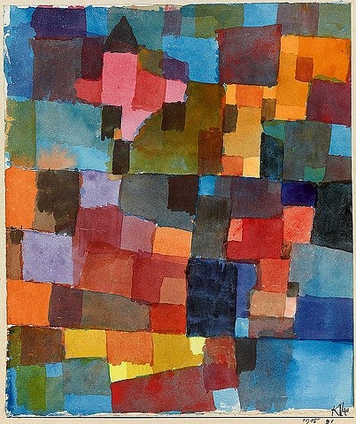 Paul Klee, Raumarchitekturen (auf kalt-warm). 1915 (Klee,Paul,1879-1940,Christie's Images Ltd,Aquarell/Papier,20. Jahrhundert,aufgelegt,Paul Klee,Bauhaus,Abstraktion,halb abstrakt,Turm,Quadrate,Farben,Farbklang,Vierecke,Reihen)