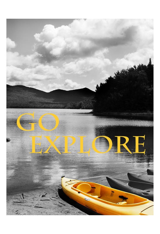 Suzanne Foschino, GO EXPLORE (Inspiration, Motivation, Landschaft, Boot, Wassersport, Kajak, Abenteuer, Fotokunst, Treppenhaus, Wohnzimmer, Wunschgröße, Colorspot, schwarz/weiß/gelb)