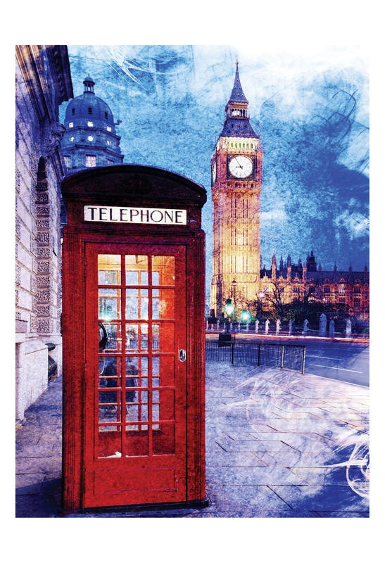 Jody Taylor, LONDON BIG BEN (Big Ben, Glockenturm, Wahrzeichen, London, Telefonhäuschen, Nostalgie, Architektur, Städte, moderne Malerei, Fotokunst, zeitgenössisch, Wohnzimmer, Treppenhaus, Wunschgröße, bunt)