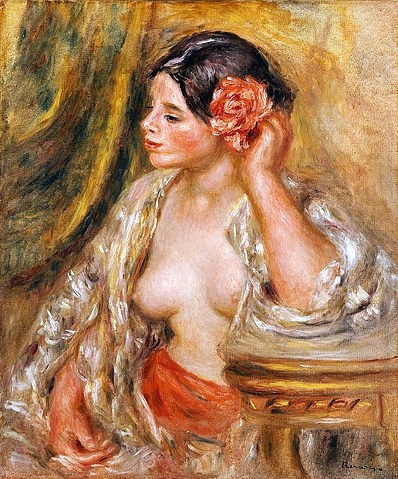 Pierre-Auguste Renoir, Gabrielle mit einer Rose im Haar. 1910 (Aktmalerei, Brüste, nackter Oberkörper, junge Frau, Rose, Impressionismus, klassische Moderne, Wunschgröße, Wohnzimmer, Malerei)