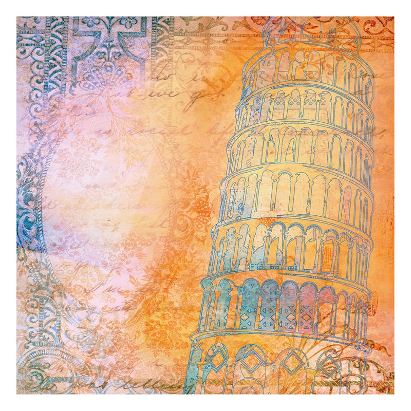 Cynthia Alvarez, ROMANTIC PISA (Abstrakte Kunst, Schiefer Turm, Pisa, romantisch, abstrakte Malerei, Schnörkel, florale Muster, Wohnzimmer, Treppenhaus, Schlafzimmer, Wunschgröße, bunt)