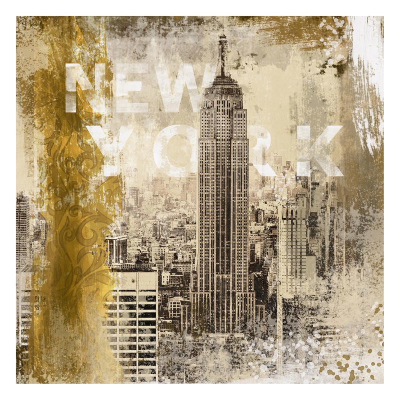 Cynthia Alvarez, NY EMPIRE (Abstrakte Kunst, New York, Empire State Building, Gebäude, USA, romantisch, abstrakte Malerei, Schnörkel, florale Muster, Wohnzimmer, Treppenhaus, Schlafzimmer, Wunschgröße, beige)