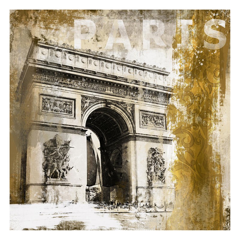 Cynthia Alvarez, PARIS ARC DE TRIOMPHE (Fotokunst, Trumphbogen, Wahrzeichen, Paris, abstrakte Malerei, modern, Wohnzimmer, Treppenhaus, Wunschgröße, beige/grau)