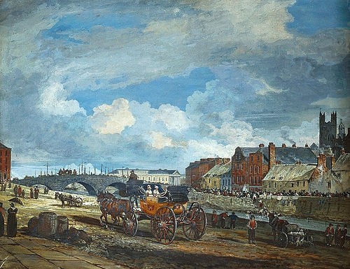 William Turner de Lond, Limerick. (Christie's Images Ltd,Deckfarben,19. Jahrhundert,Turner de Lond,William,1767-1826,William Turner de Lond,Irland,Brücke,Pferdekutsche,Kutsche,Charlotte Quay,George's Quay,Matthew Bridge,St. Mary's Cathedral,Reisende,Limerick)