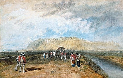 Joseph Mallord William Turner, Winchelsea von der Rye Road aus gesehen. (Aquarell/Bleistift,Christie's Images Ltd,19. Jahrhundert,Turner,Joseph Mallord William,1775-1851,Joseph Mallord William Turner bewölkt,Reise,unterwegs,Soldaten,Straße,Winchelsea)