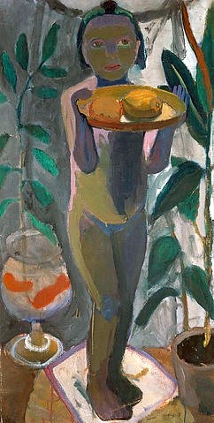 Paula Modersohn-Becker, Kinderakt mit Goldfischglas. Um 1906/07 (München,Pinakothek der Moderne,Modersohn-Becker,Paula,1876-1907,Lwd.,20. Jahrhundert,Kind,Modersohn-Becker, Paula Modersohn Becker,Mädchen,halten,Goldfisch,Goldfische,Zitrone,Zitronen,skulptural,skulpturhaft, Bayerische Staatsgemäldesammlungen)
