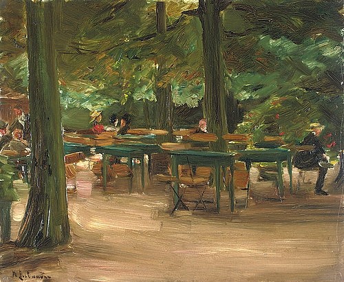 Max Liebermann, Biergarten. 1905 (Christie's Images Ltd,Liebermann,Max,1847-1935,Öl/Karton,20. Jahrhundert,Impressionismus,Max Liebermann,draußen,Biergarten, unter Bäumen,Schatten,Schattenplatz,Tische,Nachsaison,leer,Lokal,Gartenlokal)