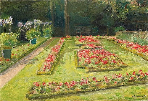 Max Liebermann, Die Blumenterrasse im Wannsee-Garten nach Süden. 1921 (Christie's Images Ltd,Liebermann,Max,1847-1935,Öl auf Leinwand,20. Jahrhundert,Impressionismus,Max Liebermann,Garten,Blumen,Blumenbeet,Blumenbeete,Wannsee,angelegt,Gartenanlage,blühen,Blumentopf,Blumentöpfe)