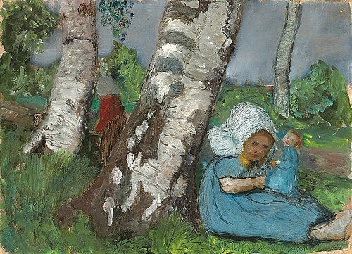 Paula Modersohn-Becker, Kind mit Puppe am Birkenstamm sitzend. Um 1902 (Christie's Images Ltd,Modersohn-Becker,Paula,1876-1907,Öl/Karton,20. Jahrhundert,Paula Modersohn-Becker,Haube,Worpswede,Kind,Mädchen,Baumstamm,Stamm,Birkenstamm,Birke,sitzen,Puppe)
