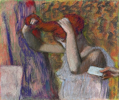 Edgar Degas, Frau beim Frisieren, der Brief. Um 1888-92 (Degas,Edgar,1834-1917,Christie's Images Ltd,19. Jahrhundert,Pastell und Kohle auf Papier,Impressionismus,Edgar Degas,Pastell,Frau,Impressionismus,sich frisieren,Brief,rote Haare,rothaarig,Körperpflege, französischer impressionismus,französisch,impressioni)