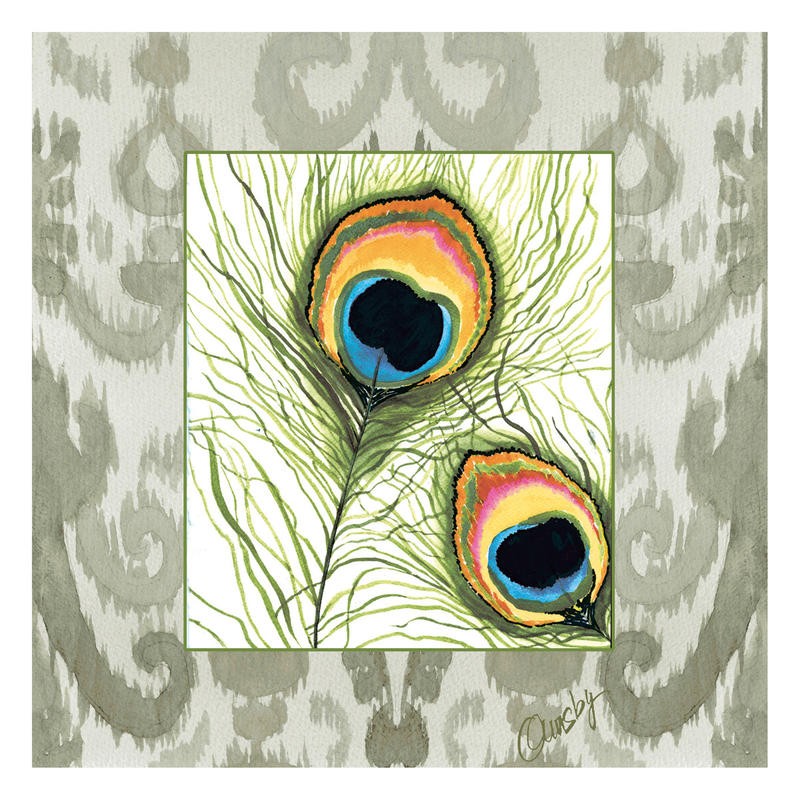 Anne Ormsby, PEACOCK FEATHER II (Pfauenaugen, Vogel, Federn, Ornamente, Malerei, Wunschgröße, Wohnzimmer, Esszimmer, Treppenhaus, bunt)