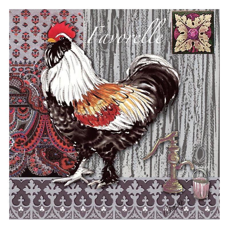 Anne Ormsby, CHICKEN RUN IV (Hahn, Gockel, stolz, Muster, Paisley, Ornamente, Malerei, bäuerlich, Wunschgröße, Wohnzimmer, Esszimmer, Treppenhaus, bunt)