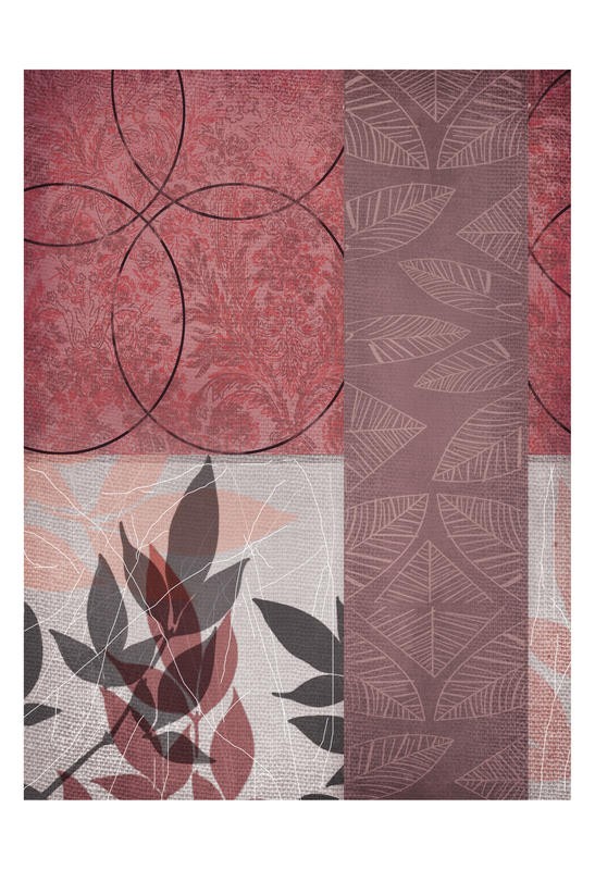 Cynthia Alvarez, RED LEAF I (Abstrakte Kunst, abstrakte Malerei, Linien, Schnörkel, florale Muster, Tapetenmuster, Wohnzimmer, Treppenhaus, Schlafzimmer, Wunschgröße, rosa)
